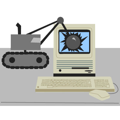 wrecking ball machine breaking monitor of old desktop computer
