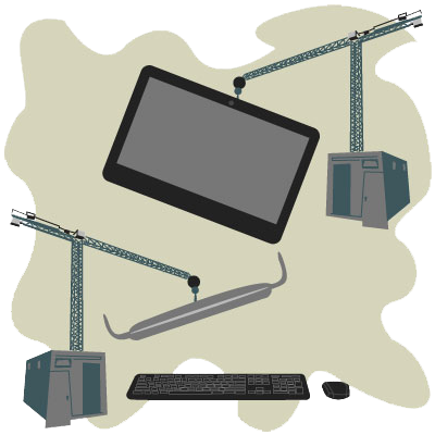 computer being assembled by construction cranes