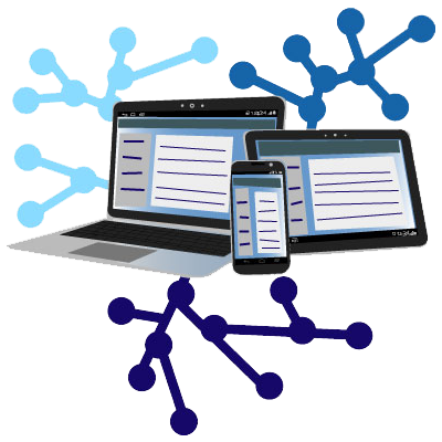laptop tablet and phone with dot line matrix stemming from devices