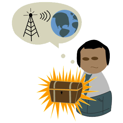 man holding treasure chest with transmit tower sending waves to image of the world globe in a thinking bubble