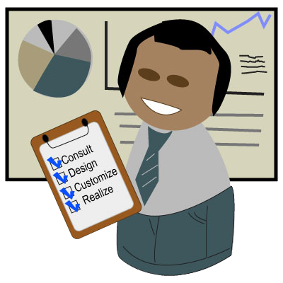 man standing holding clipboard that says consult design customize realize in front of a board with pie graph and supply demand graph